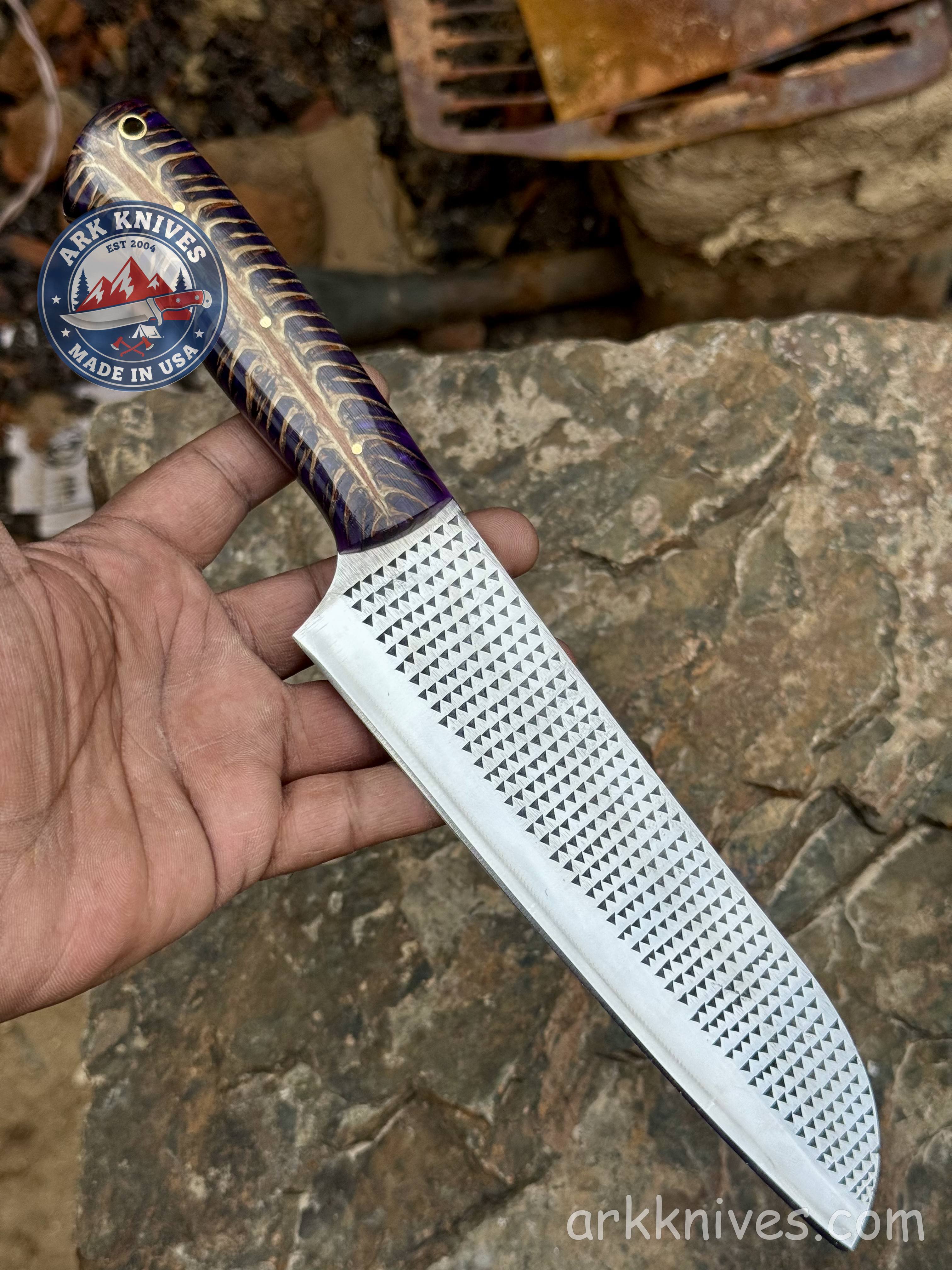 Custom Handmade Rasp Knife | Purple Pinecone & Resin Handle | Upcycled File Blade Utility Knife | Made in USA | Gift for Him