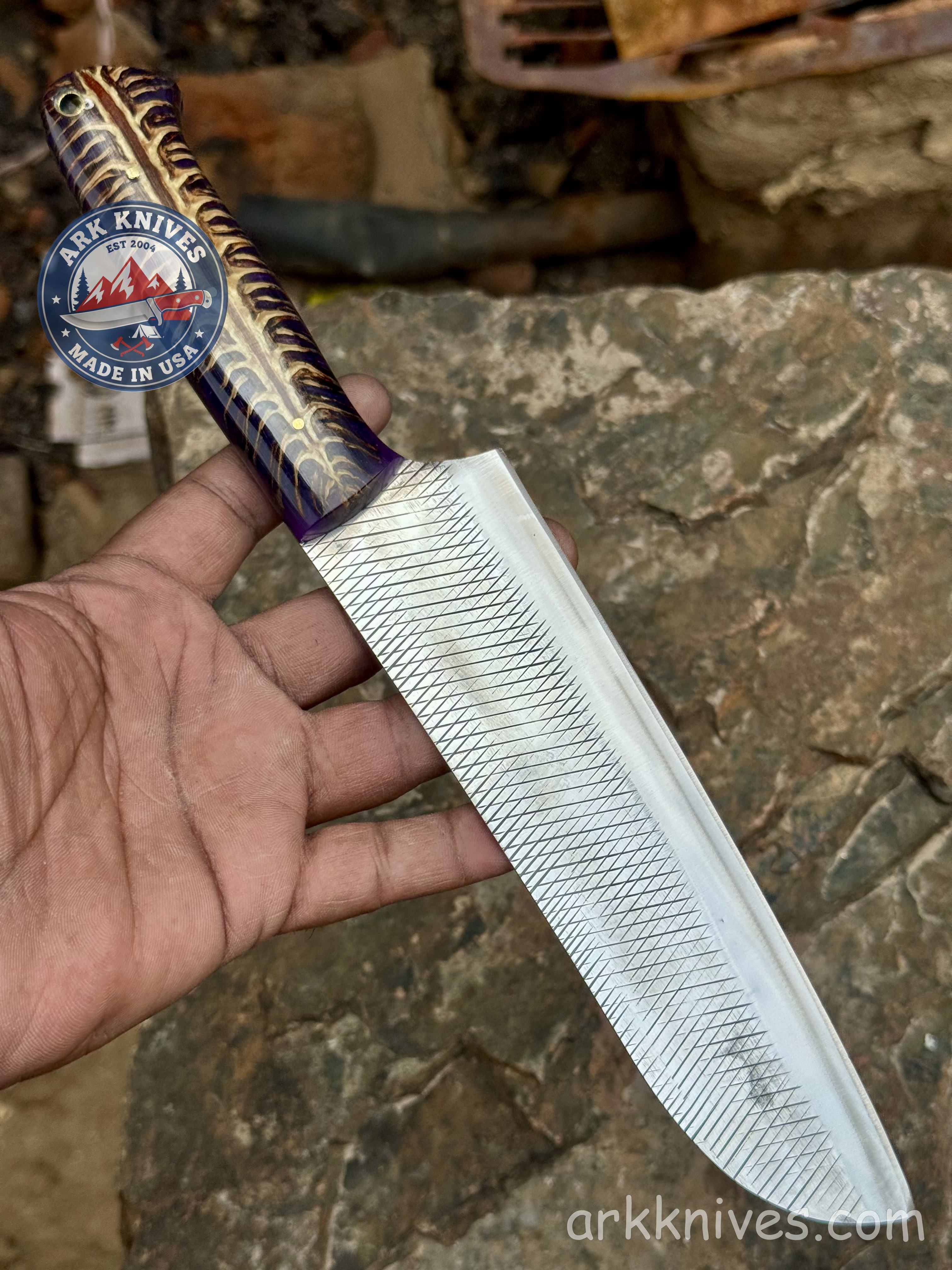 Custom Handmade Rasp Knife | Purple Pinecone & Resin Handle | Upcycled File Blade Utility Knife | Made in USA | Gift for Him