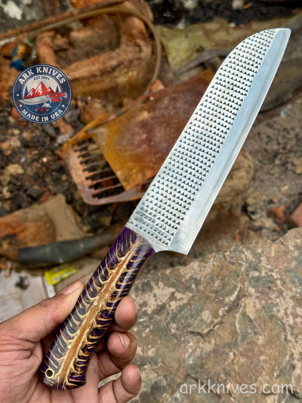 Custom Handmade Rasp Knife | Purple Pinecone & Resin Handle | Upcycled File Blade Utility Knife | Made in USA | Gift for Him