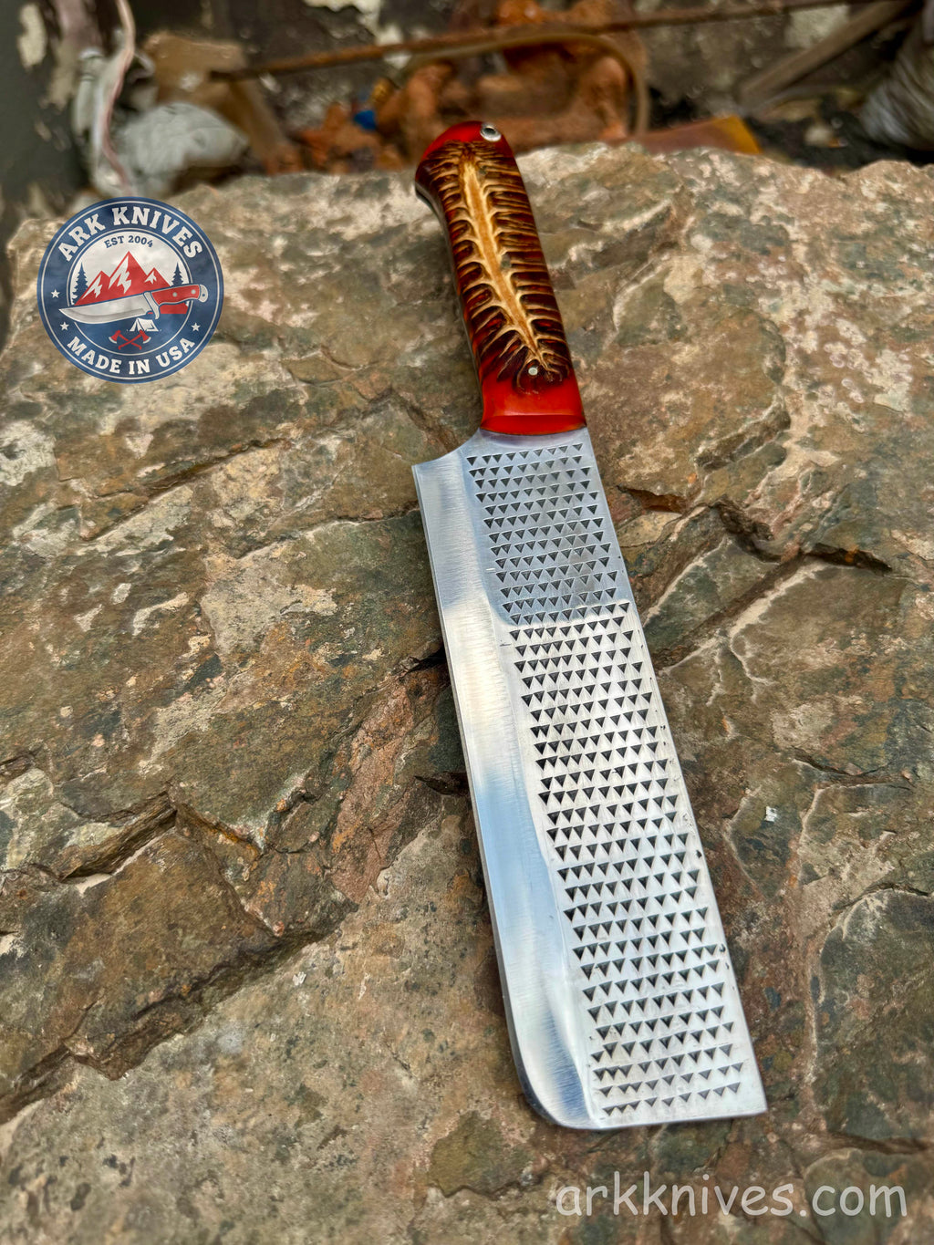 Custom Handmade Rasp Nakiri Cleaver Knife | Red Pinecone & Resin Handle | Upcycled File Blade Utility Knife | Made in USA | Gift for Him