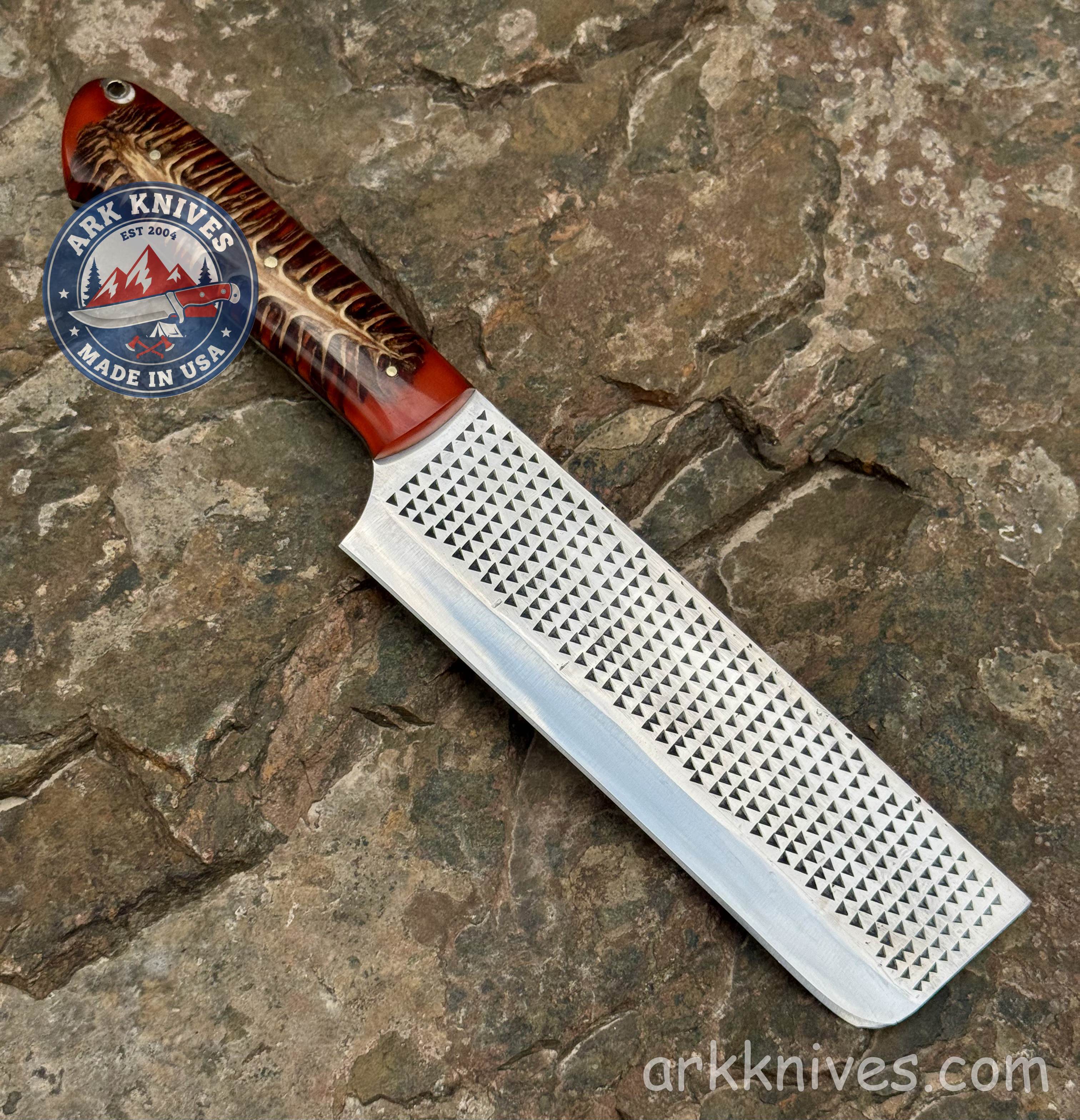 Custom Handmade Rasp Nakiri Cleaver Knife | Red Pinecone & Resin Handle | Upcycled File Blade Utility Knife | Made in USA | Gift for Him
