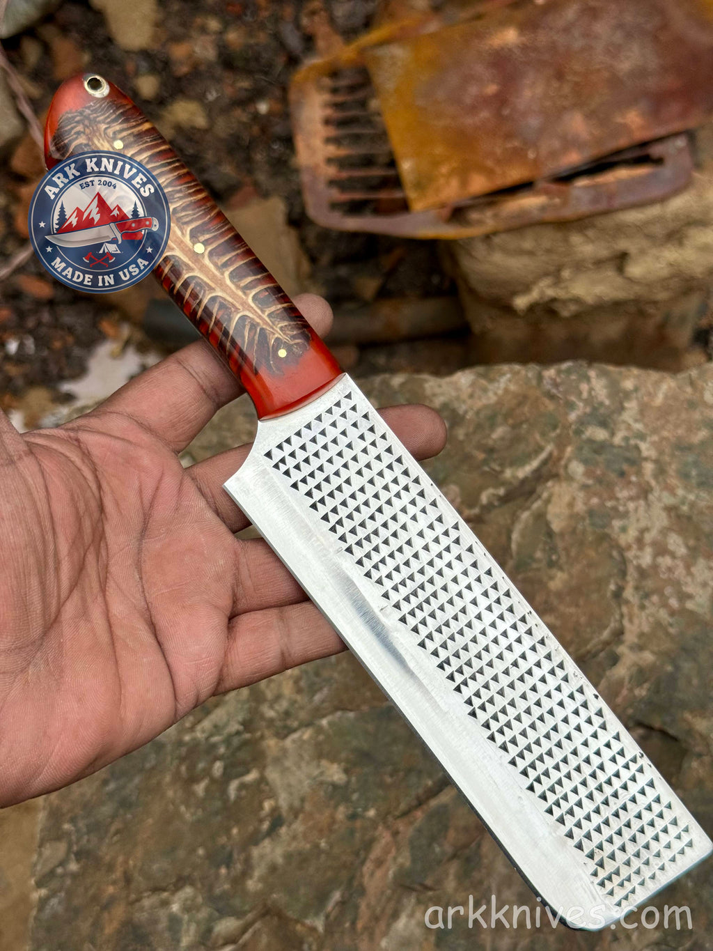 Custom Handmade Rasp Nakiri Cleaver Knife | Red Pinecone & Resin Handle | Upcycled File Blade Utility Knife | Made in USA | Gift for Him