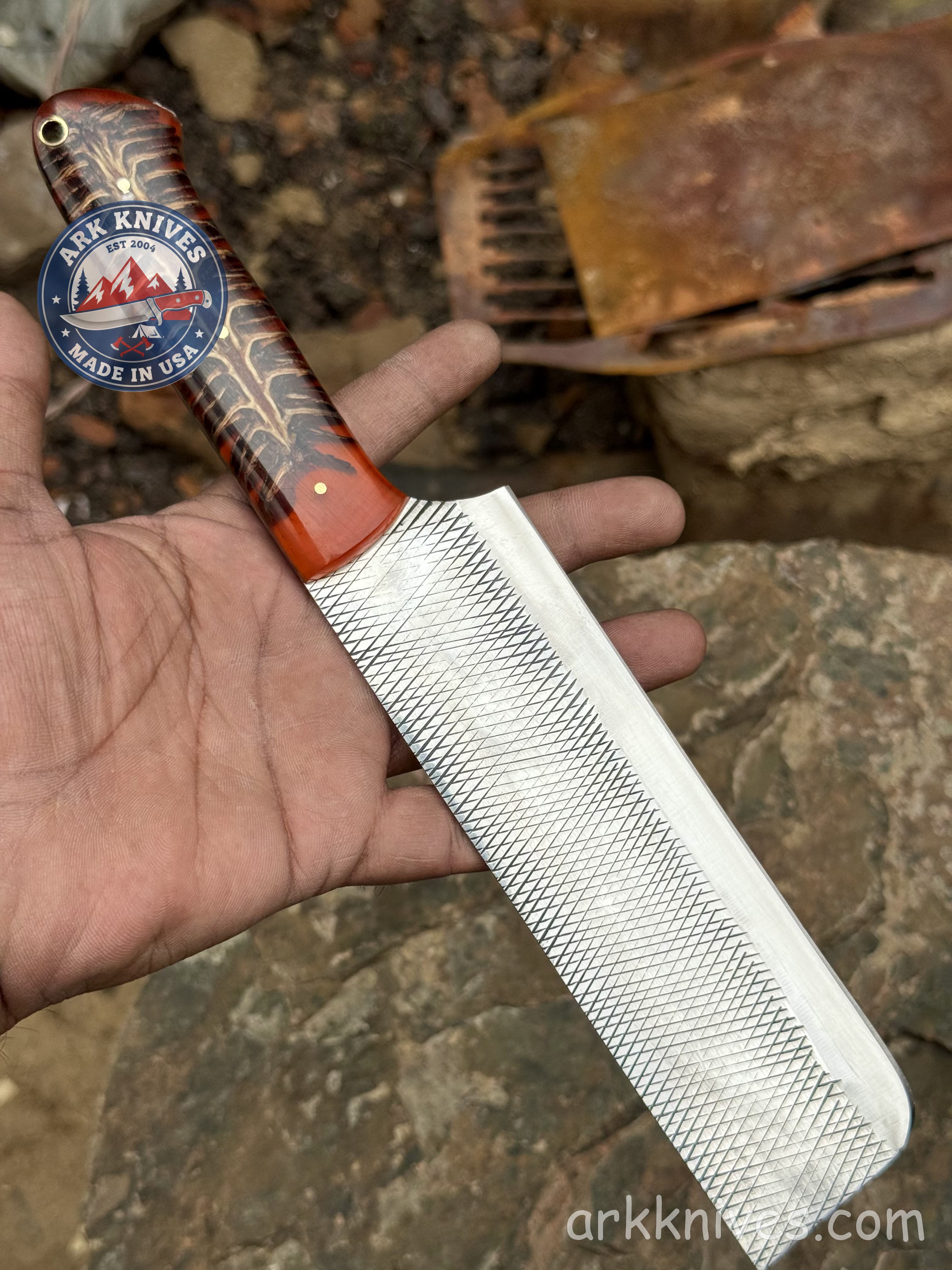 Custom Handmade Rasp Nakiri Cleaver Knife | Red Pinecone & Resin Handle | Upcycled File Blade Utility Knife | Made in USA | Gift for Him
