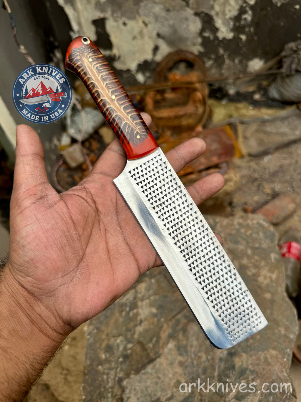 Custom Handmade Rasp Nakiri Cleaver Knife | Red Pinecone & Resin Handle | Upcycled File Blade Utility Knife | Made in USA | Gift for Him