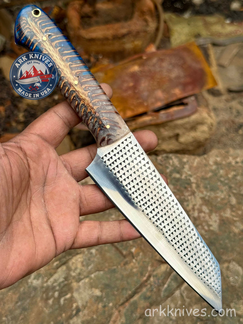 Custom Handmade Rasp Chef Knife 10.5 Inches | Dual Color Blue and White Pinecone | Upcycled File Blade Utility Knife | USA | Best Gift