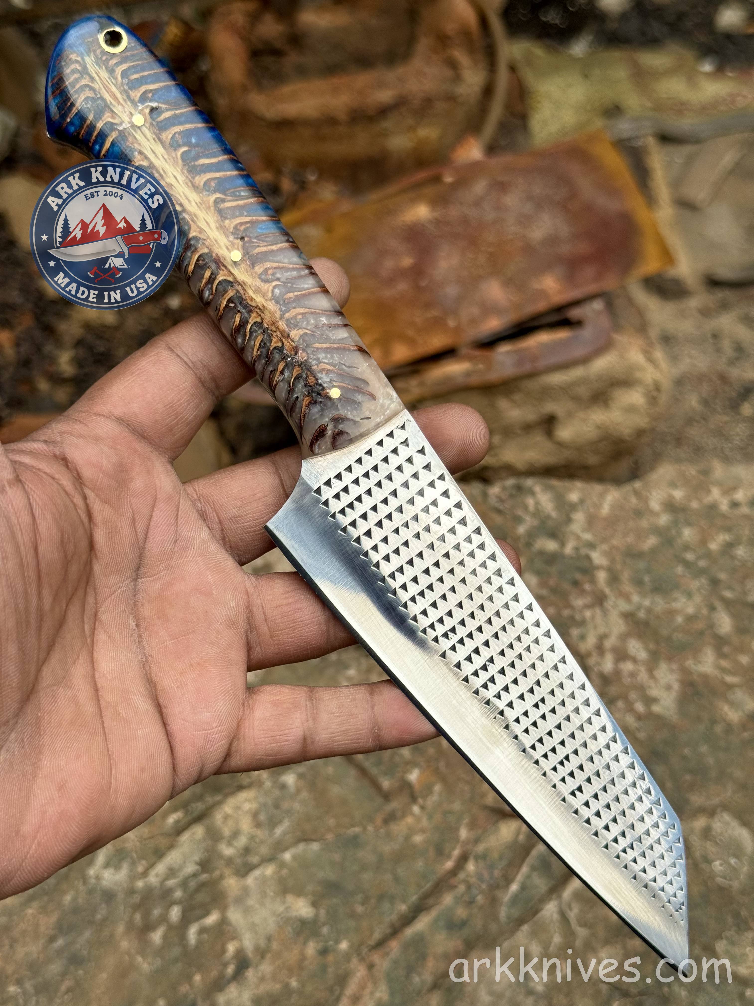 Custom Handmade Rasp Chef Knife 10.5 Inches | Dual Color Blue and White Pinecone | Upcycled File Blade Utility Knife | USA | Best Gift