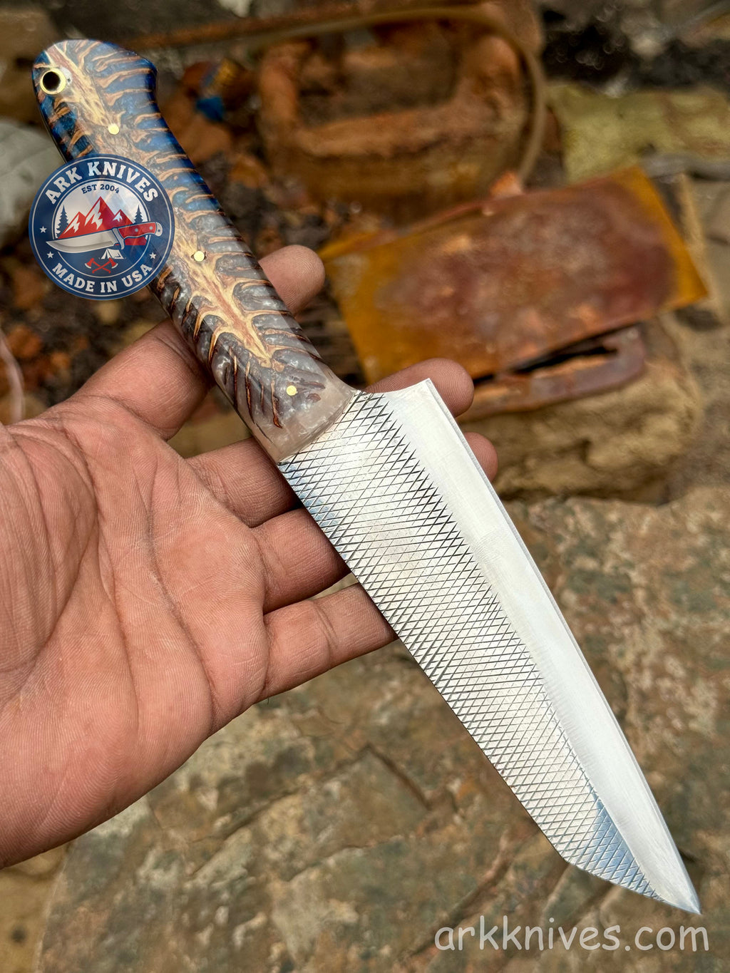 Custom Handmade Rasp Chef Knife 10.5 Inches | Dual Color Blue and White Pinecone | Upcycled File Blade Utility Knife | USA | Best Gift
