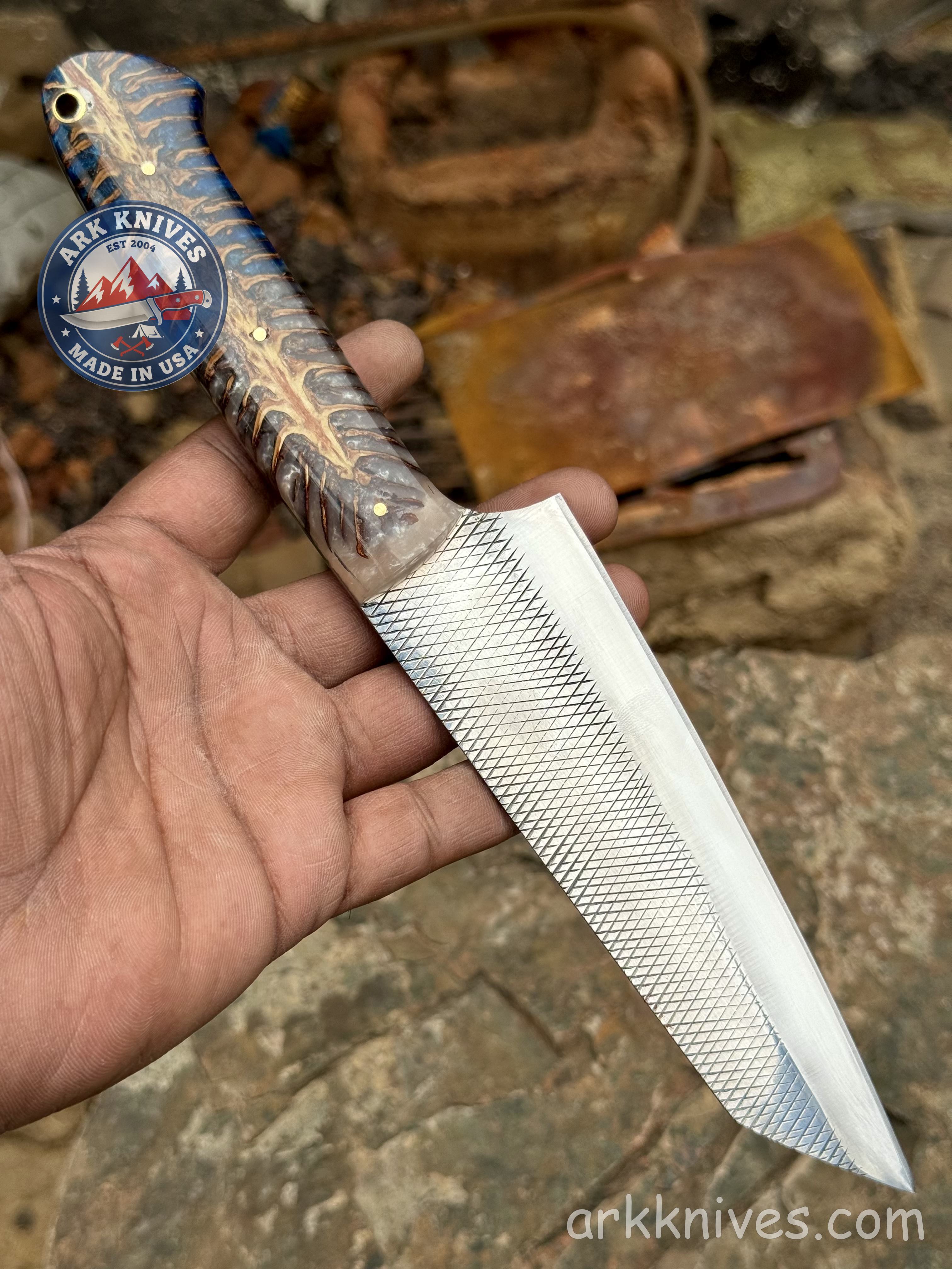 Custom Handmade Rasp Chef Knife 10.5 Inches | Dual Color Blue and White Pinecone | Upcycled File Blade Utility Knife | USA | Best Gift