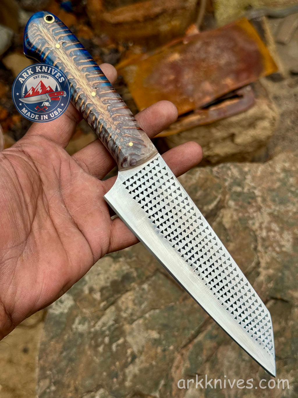 Custom Handmade Rasp Chef Knife 10.5 Inches | Dual Color Blue and White Pinecone | Upcycled File Blade Utility Knife | USA | Best Gift