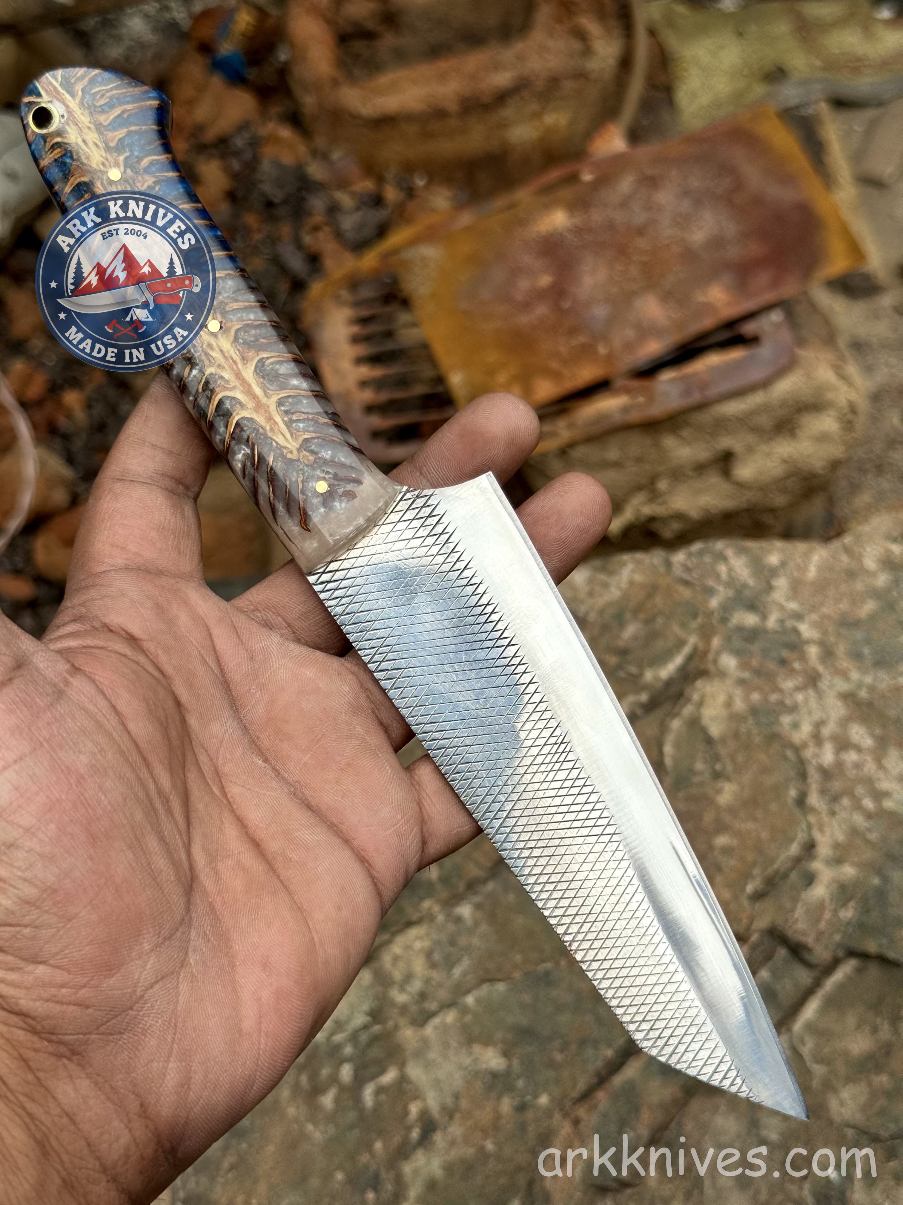 Custom Handmade Rasp Chef Knife 10.5 Inches | Dual Color Blue and White Pinecone | Upcycled File Blade Utility Knife | USA | Best Gift