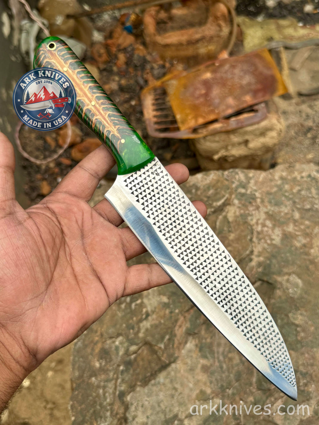 Custom Handmade Rasp Utility Knife | Green Pinecone & Resin Handle | Upcycled File Blade Utility Knife | Made in USA | Best Gift