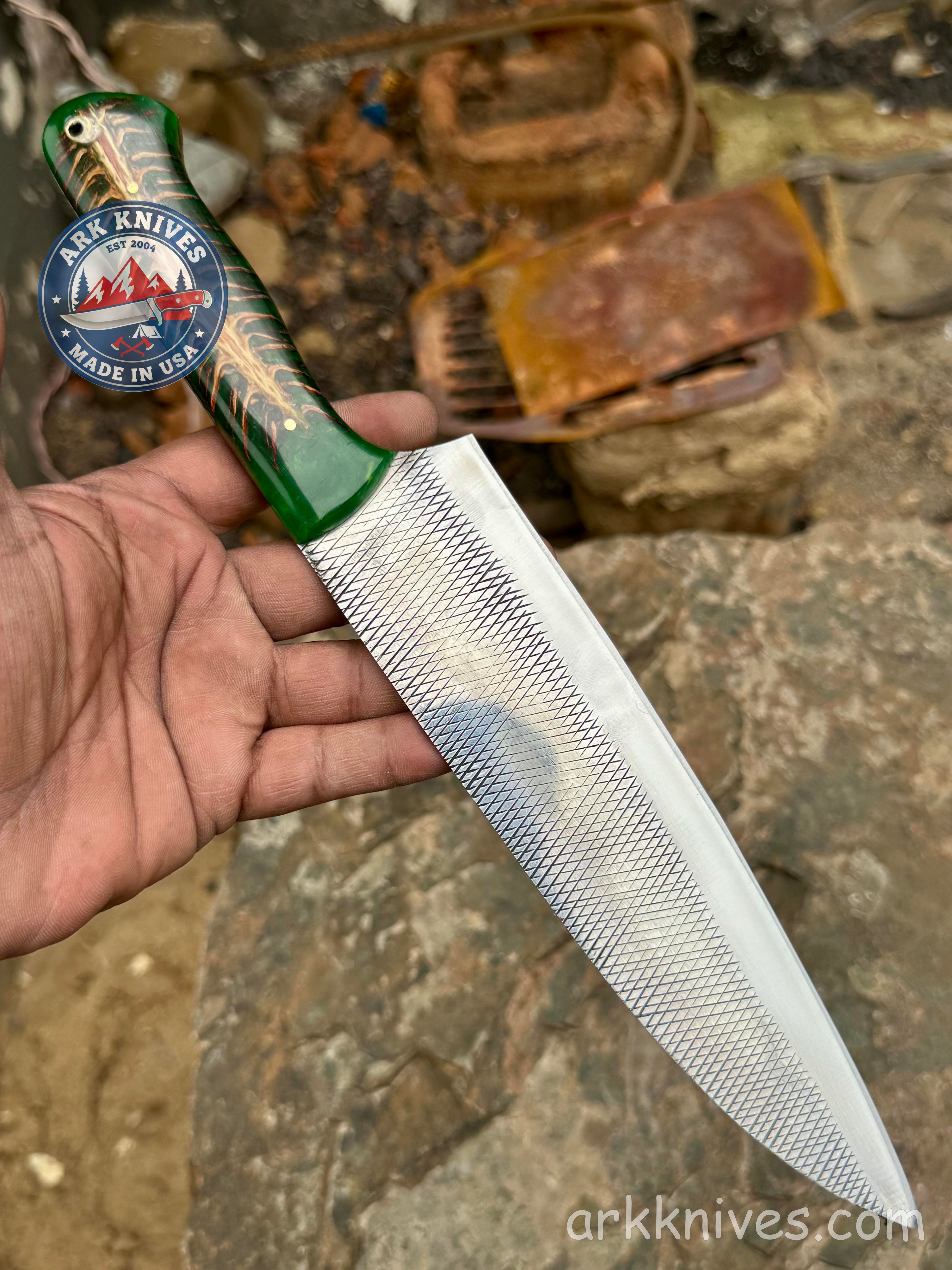 Custom Handmade Rasp Utility Knife | Green Pinecone & Resin Handle | Upcycled File Blade Utility Knife | Made in USA | Best Gift