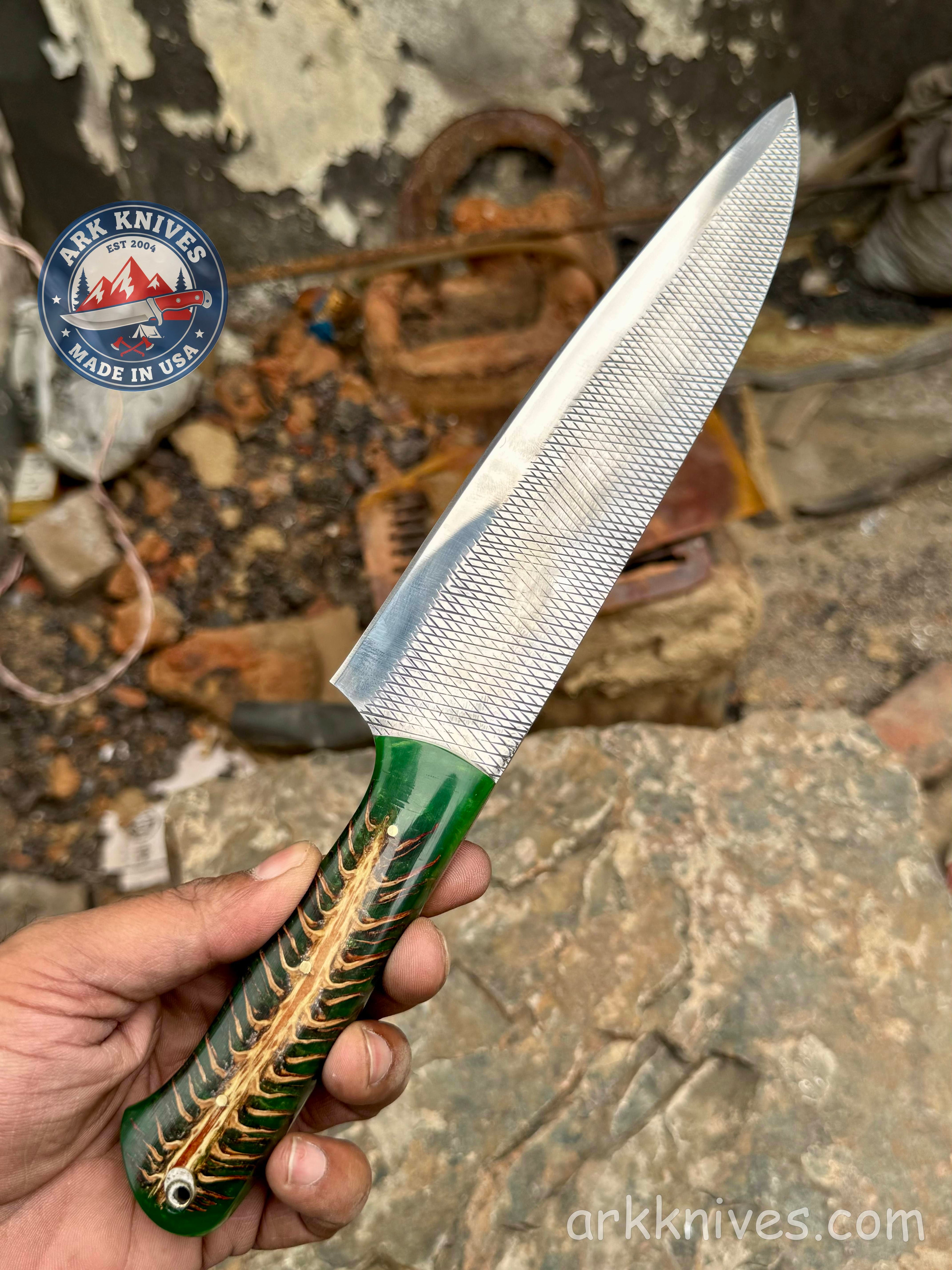 Custom Handmade Rasp Utility Knife | Green Pinecone & Resin Handle | Upcycled File Blade Utility Knife | Made in USA | Best Gift