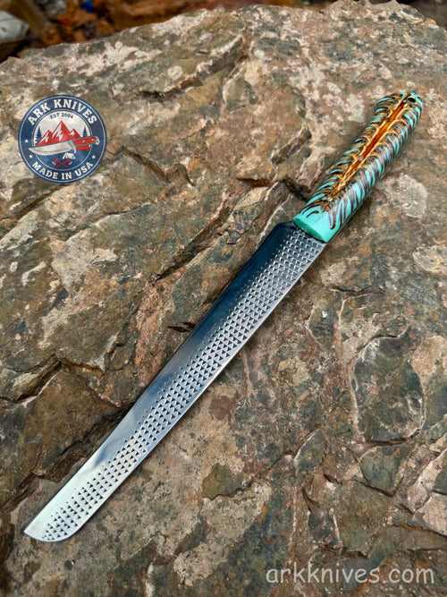 Custom Handmade Rasp Brisket Slicer | Turquoise Pinecone & Resin Handle | Upcycled File Blade Brisket Knife | Made in USA | Gift for Him