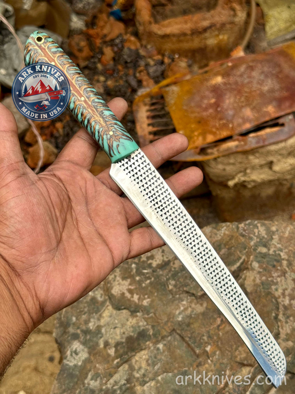 Custom Handmade Rasp Brisket Slicer | Turquoise Pinecone & Resin Handle | Upcycled File Blade Brisket Knife | Made in USA | Gift for Him