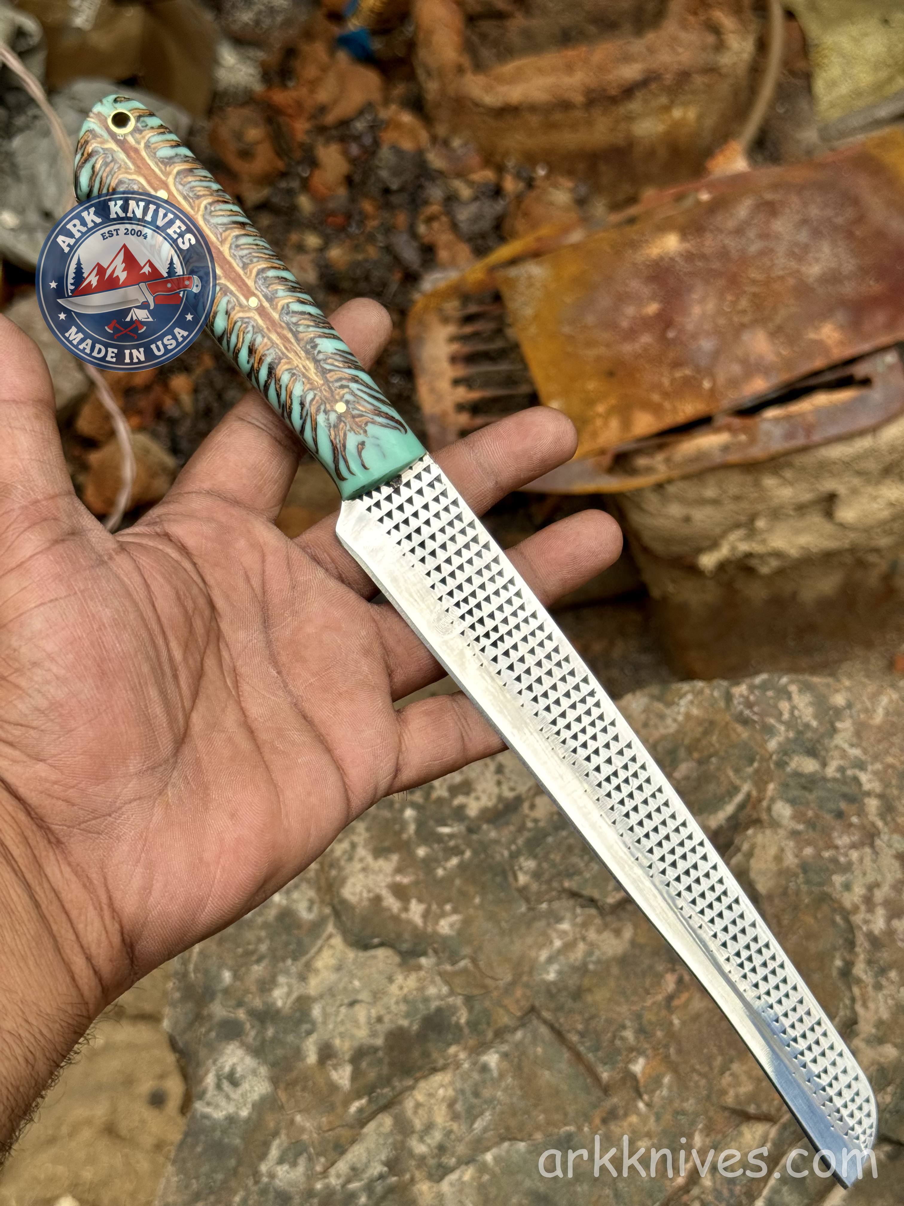 Custom Handmade Rasp Brisket Slicer | Turquoise Pinecone & Resin Handle | Upcycled File Blade Brisket Knife | Made in USA | Gift for Him