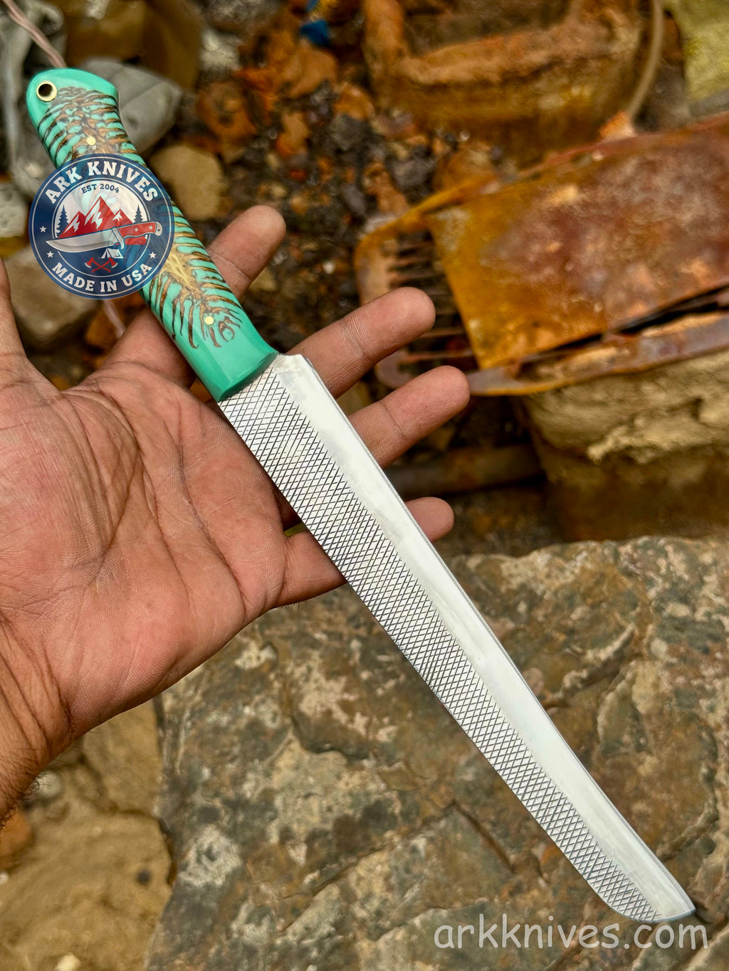 Custom Handmade Rasp Brisket Slicer | Turquoise Pinecone & Resin Handle | Upcycled File Blade Brisket Knife | Made in USA | Gift for Him