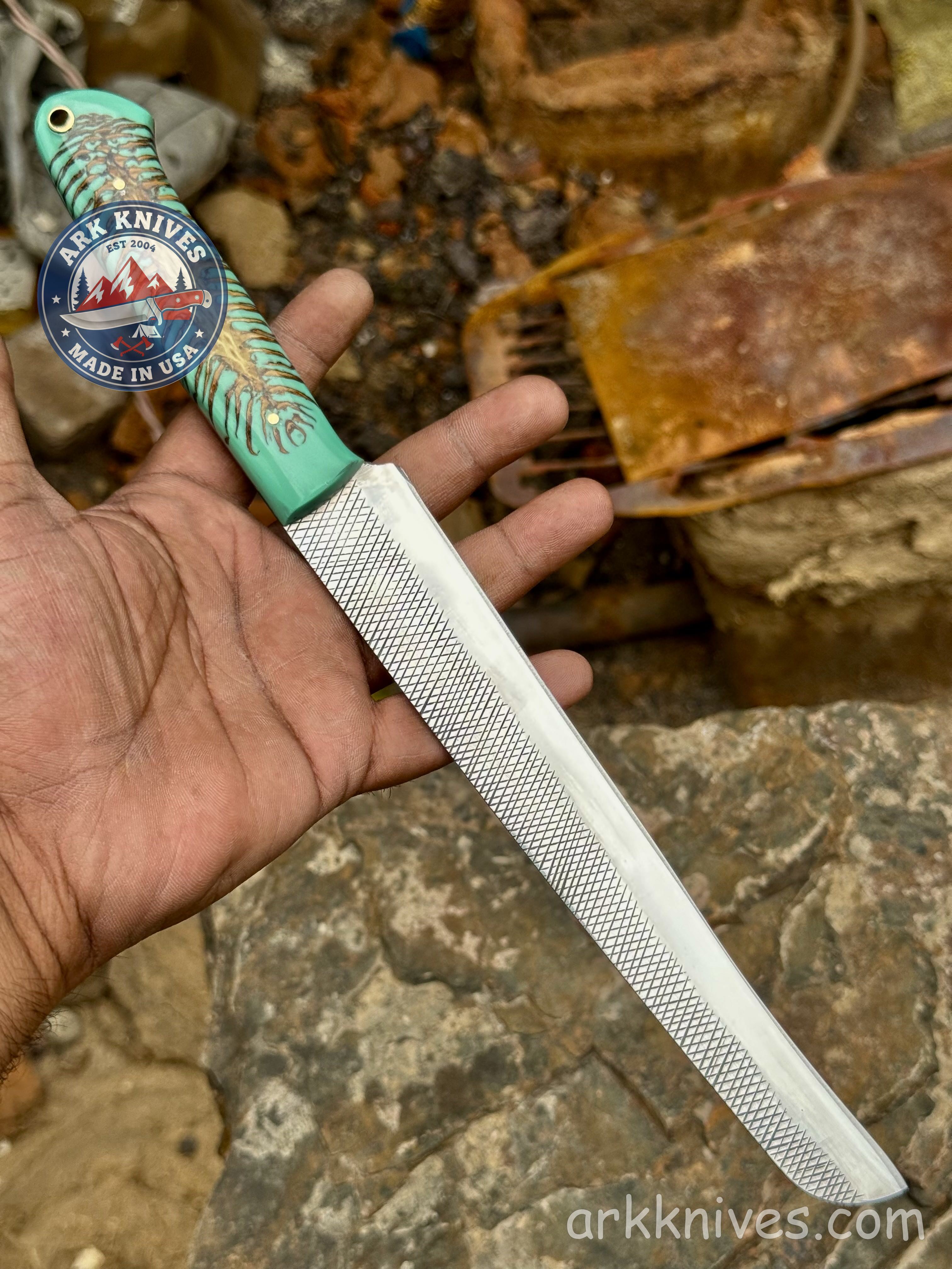 Custom Handmade Rasp Brisket Slicer | Turquoise Pinecone & Resin Handle | Upcycled File Blade Brisket Knife | Made in USA | Gift for Him