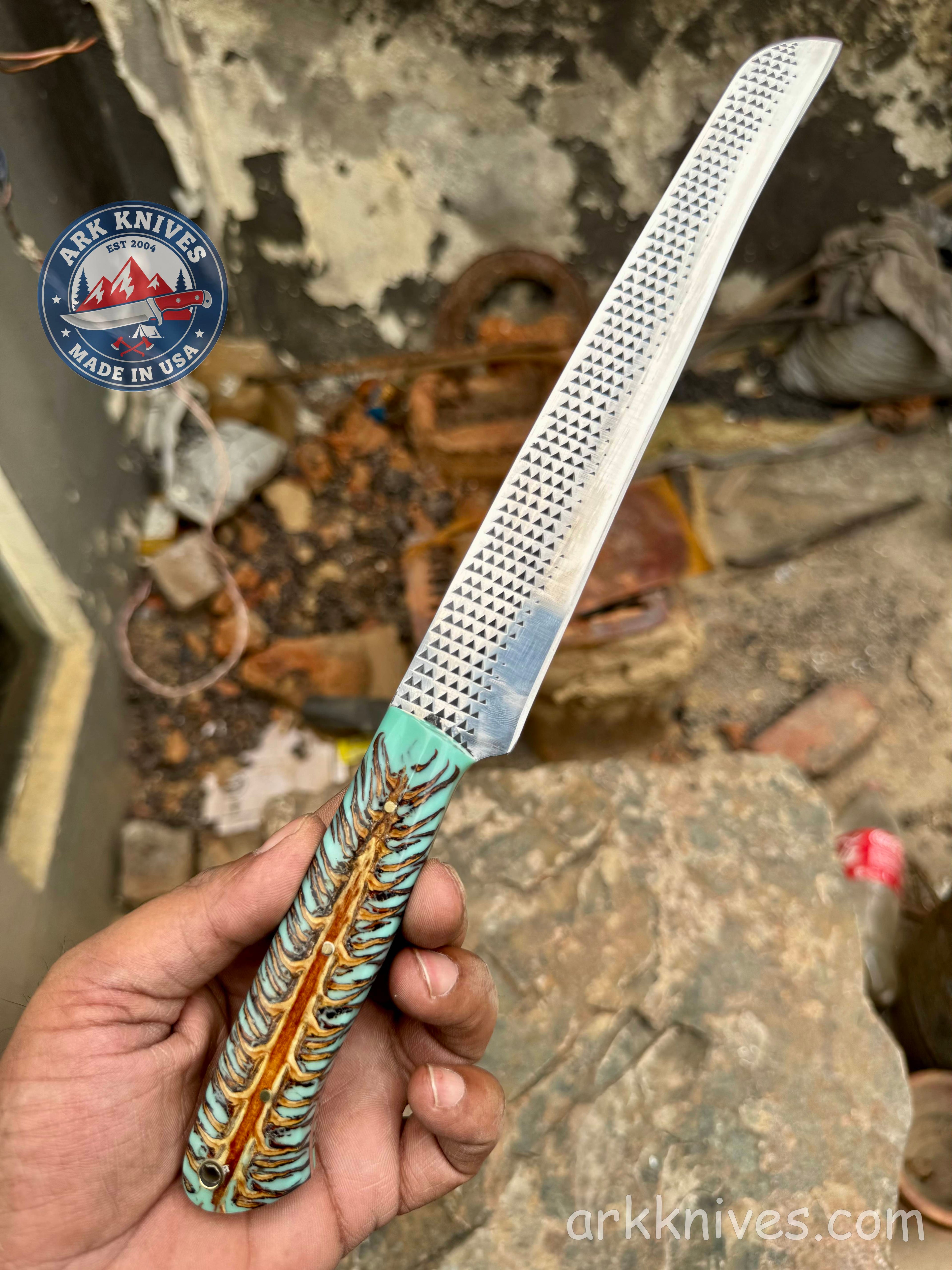 Custom Handmade Rasp Brisket Slicer | Turquoise Pinecone & Resin Handle | Upcycled File Blade Brisket Knife | Made in USA | Gift for Him