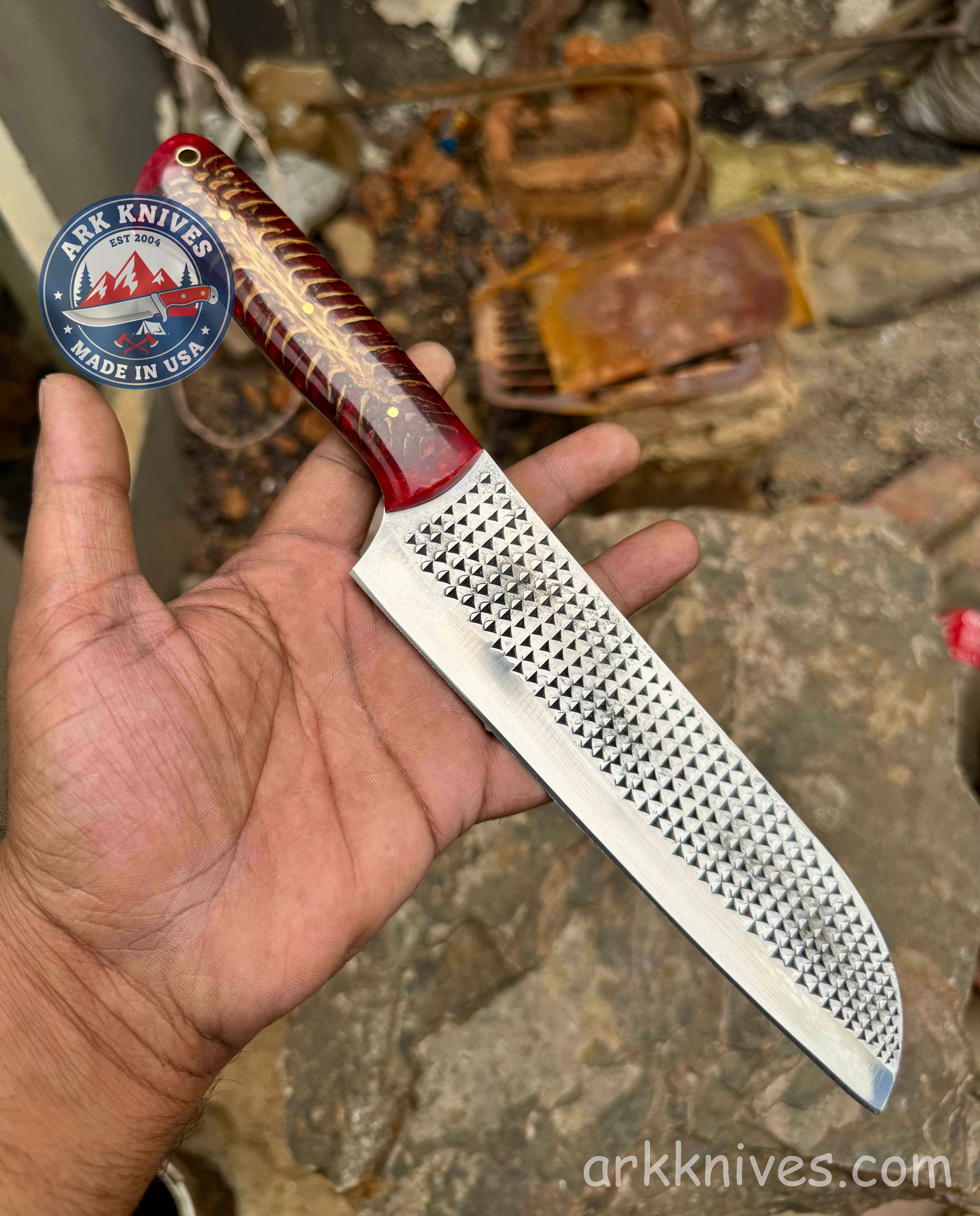 Handmade 12" Custom Rasp File Knife | High Carbon Steel Chef & Camp Knife | Translucent Red Resin Hybrid Handle | Best Unique Gift