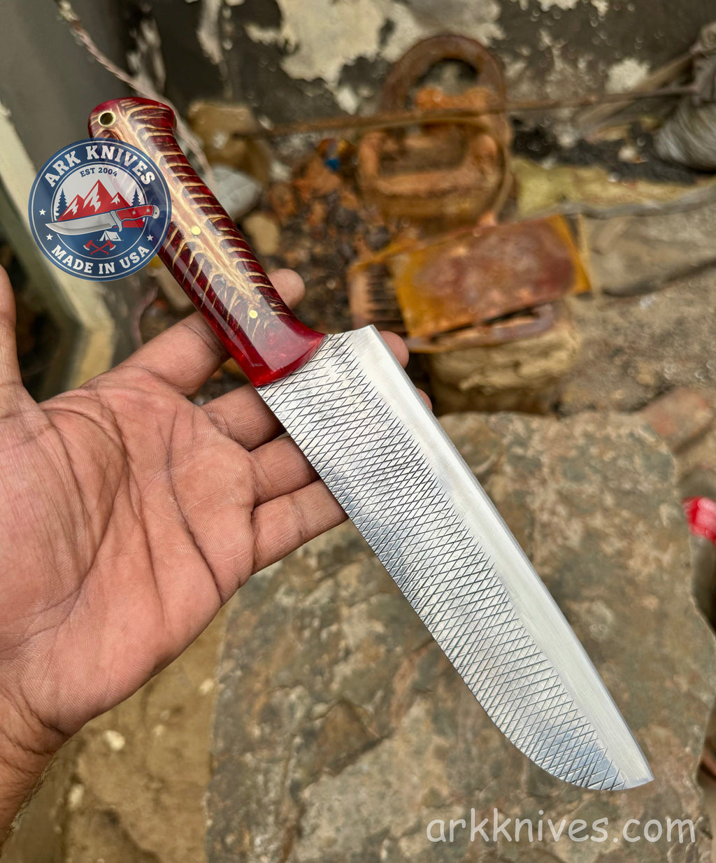 Handmade 12" Custom Rasp File Knife | High Carbon Steel Chef & Camp Knife | Translucent Red Resin Hybrid Handle | Best Unique Gift