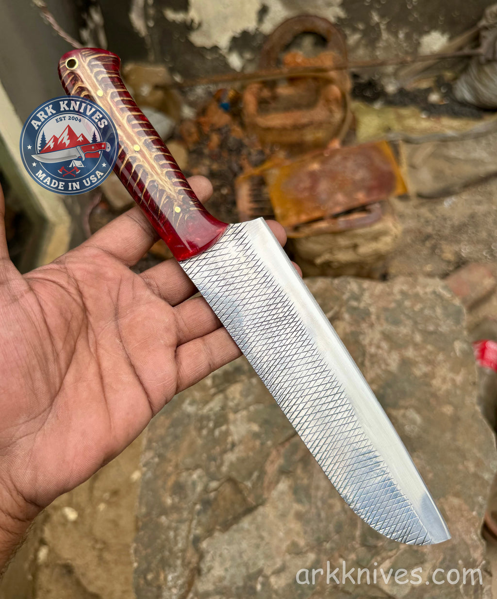 Handmade 12" Custom Rasp File Knife | High Carbon Steel Chef & Camp Knife | Translucent Red Resin Hybrid Handle | Best Unique Gift