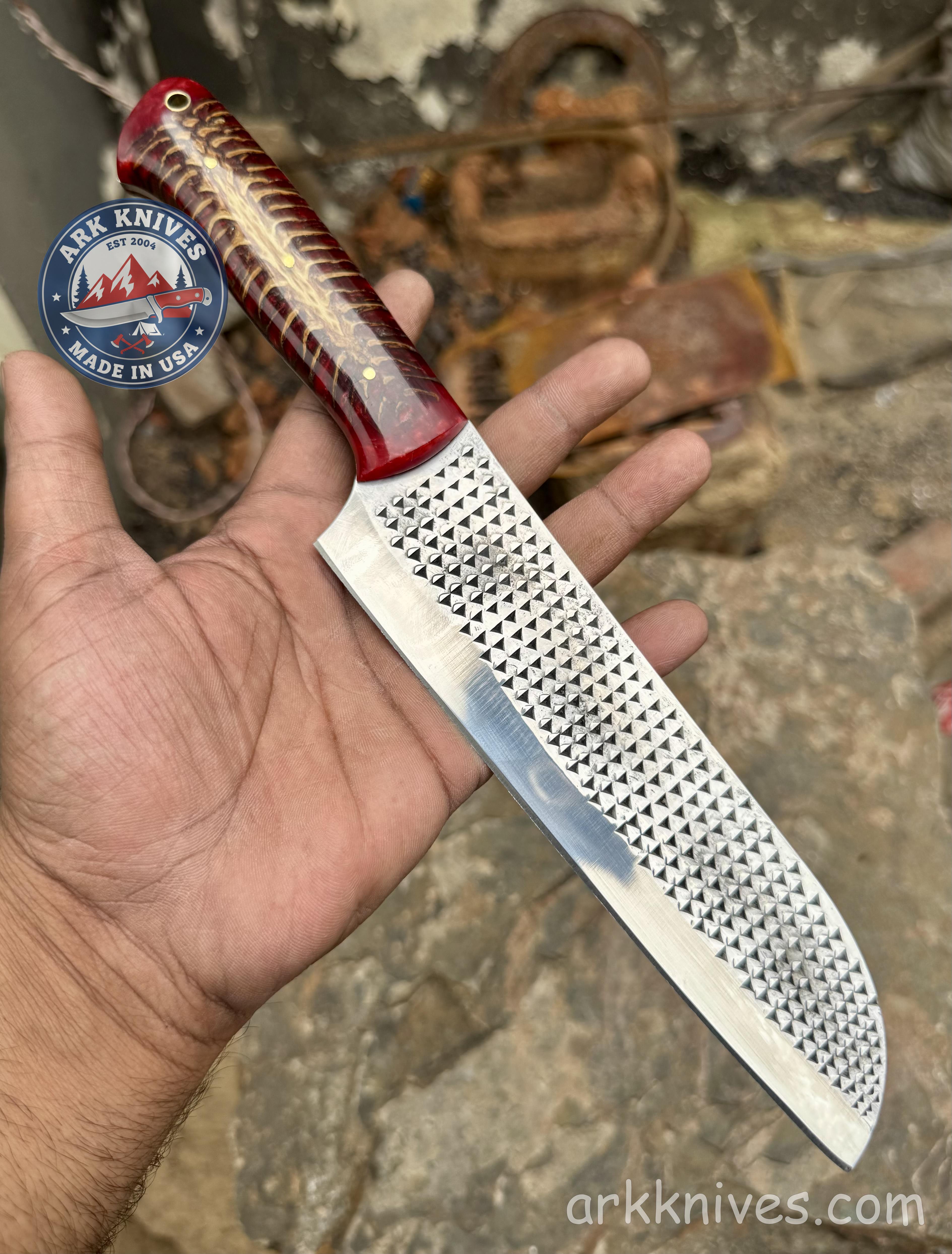 Handmade 12" Custom Rasp File Knife | High Carbon Steel Chef & Camp Knife | Translucent Red Resin Hybrid Handle | Best Unique Gift