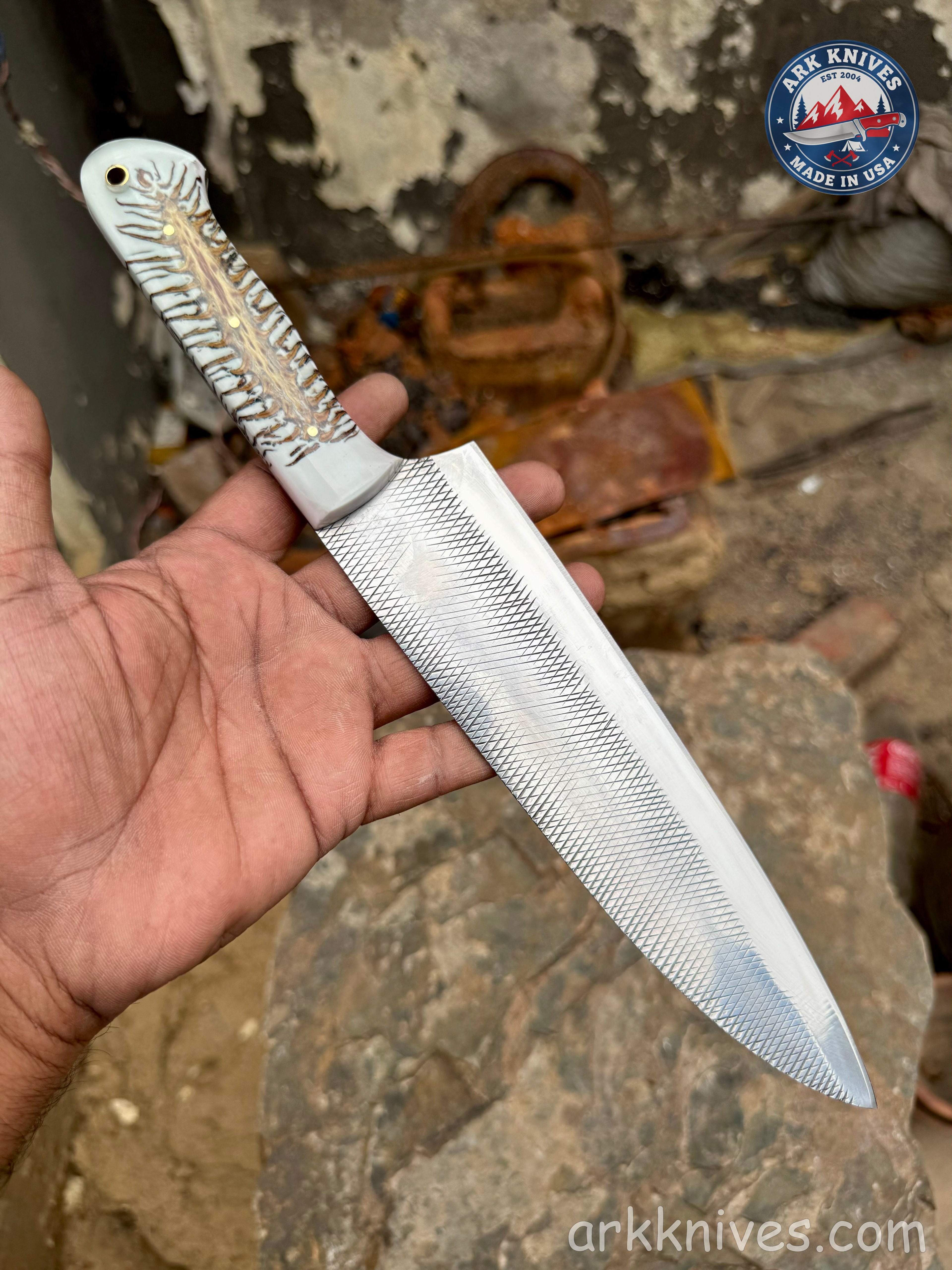 Custom Handmade Rasp Utility Knife | White Pinecone & Resin Handle | Upcycled File Blade Utility Knife | Made in USA | Best Gift