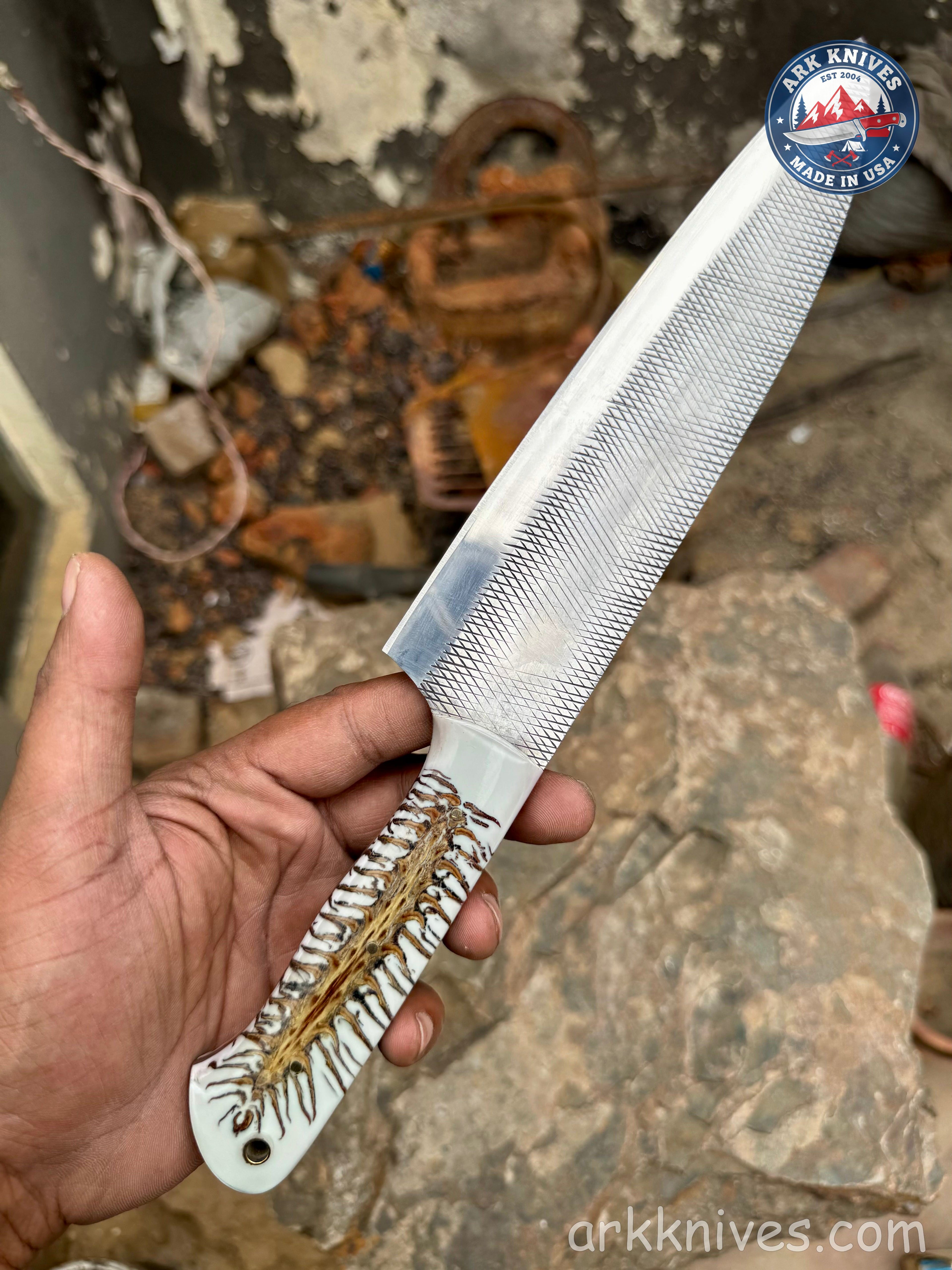 Custom Handmade Rasp Utility Knife | White Pinecone & Resin Handle | Upcycled File Blade Utility Knife | Made in USA | Best Gift