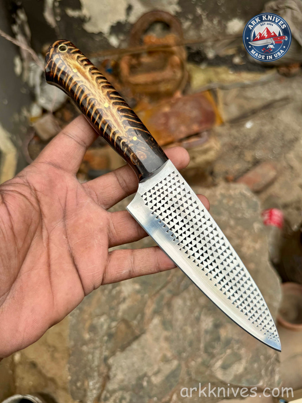 Custom Handmade 10" Rasp Chef Knife | Chocolate Pinecone & Epoxy Handle | Upcycled Carbon Steel Blade Utility Knife | Handcrafted in USA