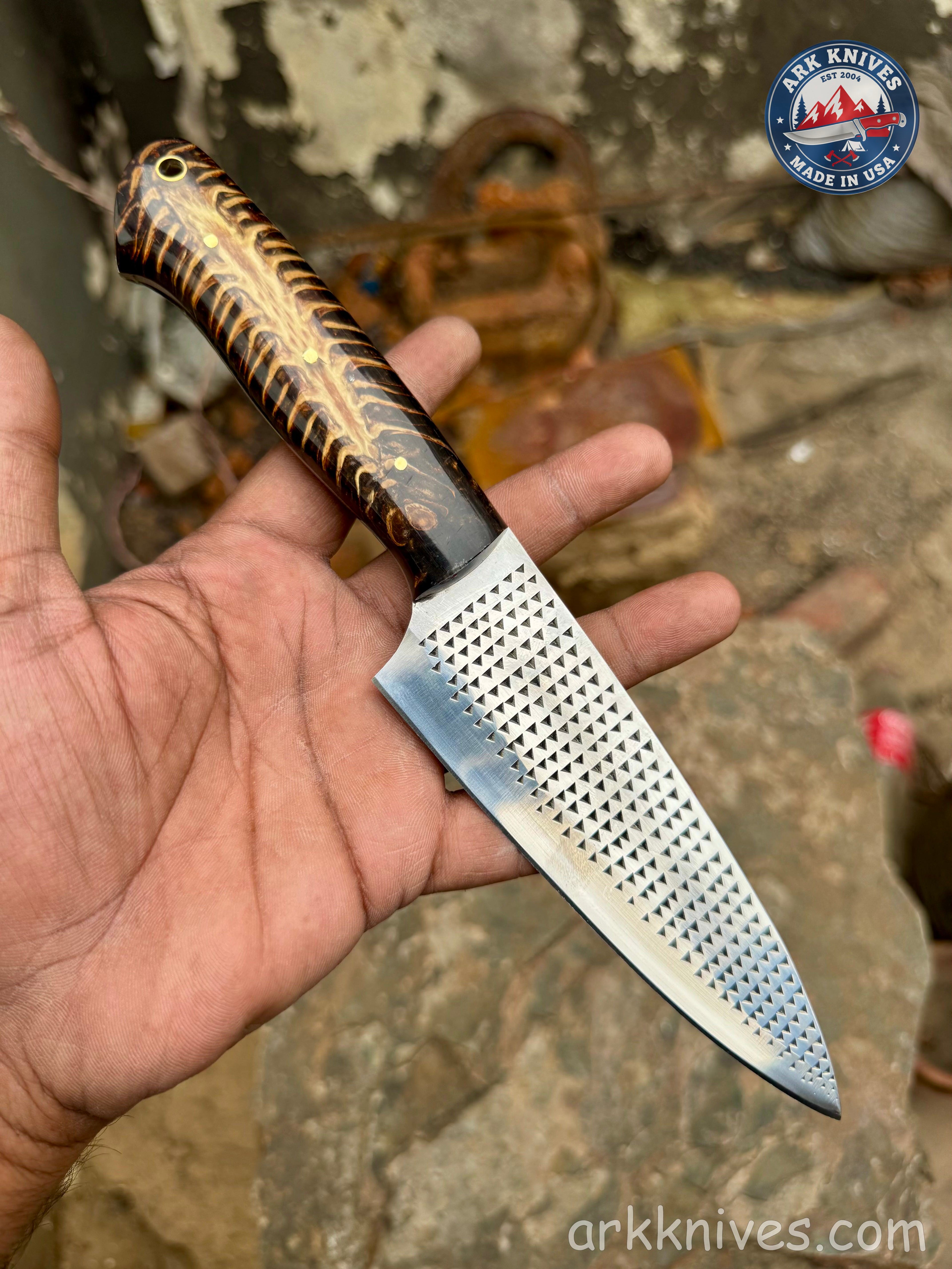 Custom Handmade 10" Rasp Chef Knife | Chocolate Pinecone & Epoxy Handle | Upcycled Carbon Steel Blade Utility Knife | Handcrafted in USA