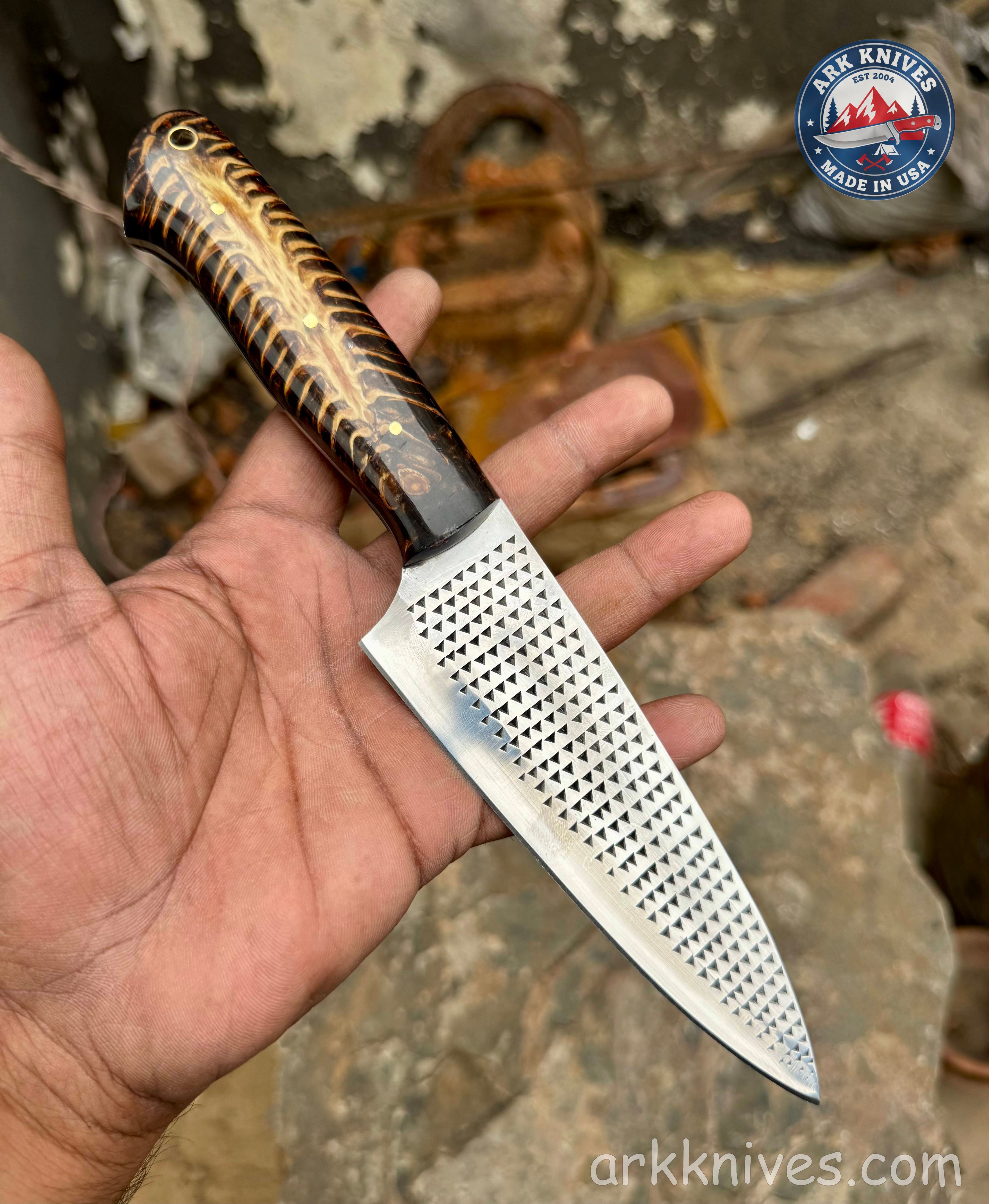 Custom Handmade 10" Rasp Chef Knife | Chocolate Pinecone & Epoxy Handle | Upcycled Carbon Steel Blade Utility Knife | Handcrafted in USA