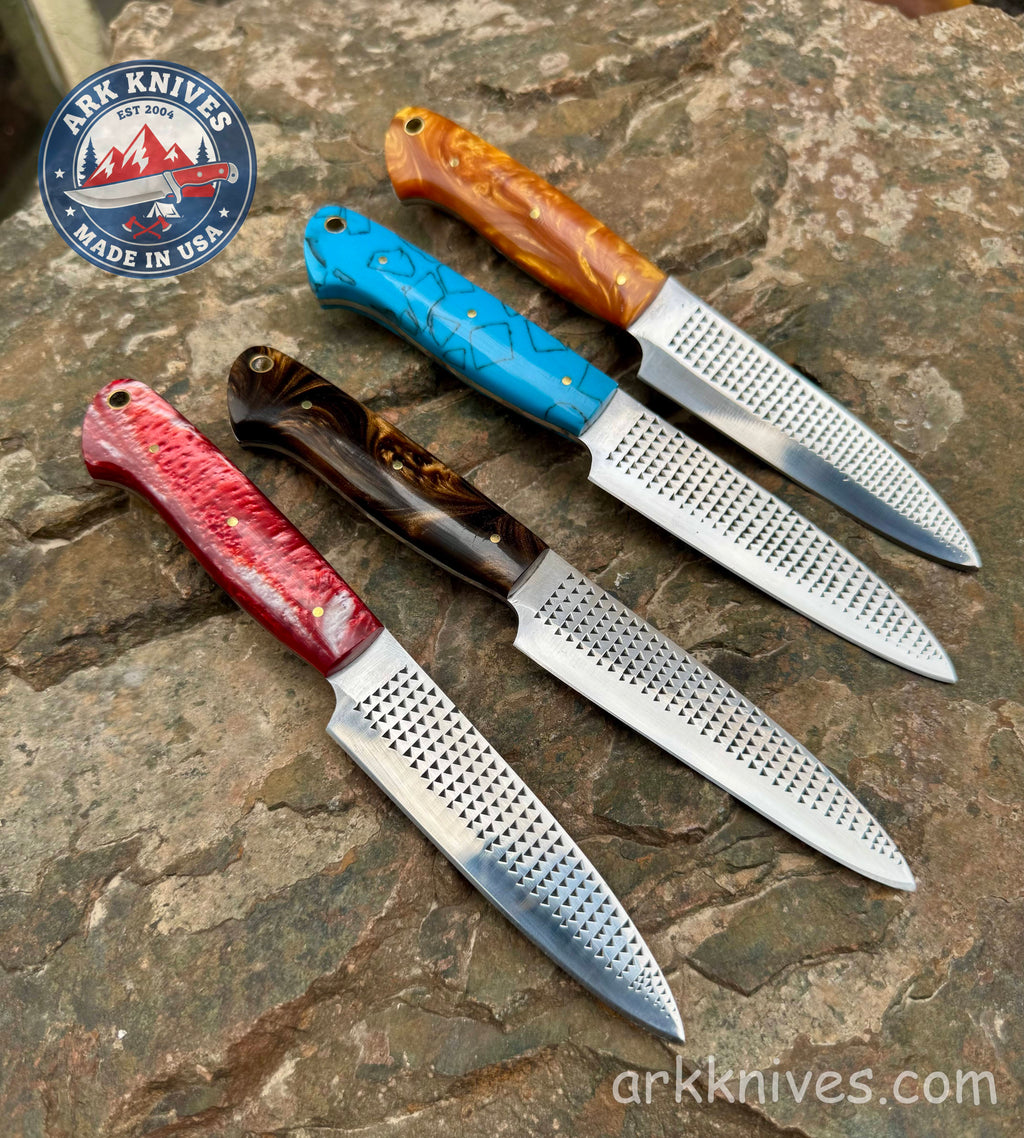 Handmade 8.5" Steak Knife, Custom Farrier File Knife with Vibrant Epoxy Resin Handle, Custom Cutlery, Unique BBQ Chef Gift