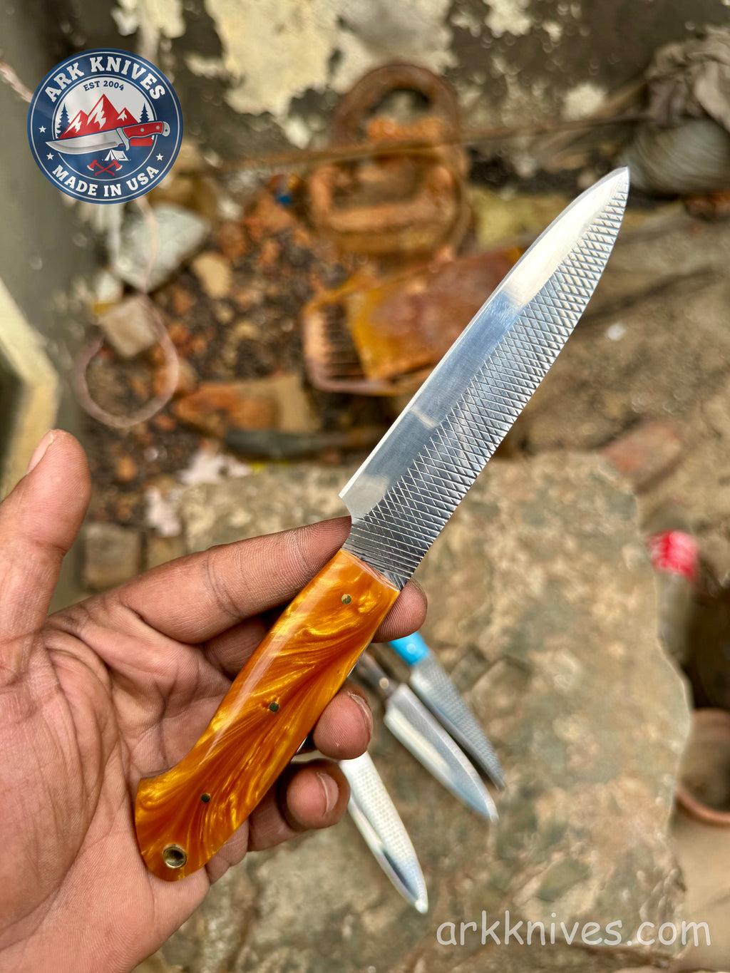 Handmade 8.5" Steak Knife, Custom Farrier File Knife with Vibrant Epoxy Resin Handle, Custom Cutlery, Unique BBQ Chef Gift