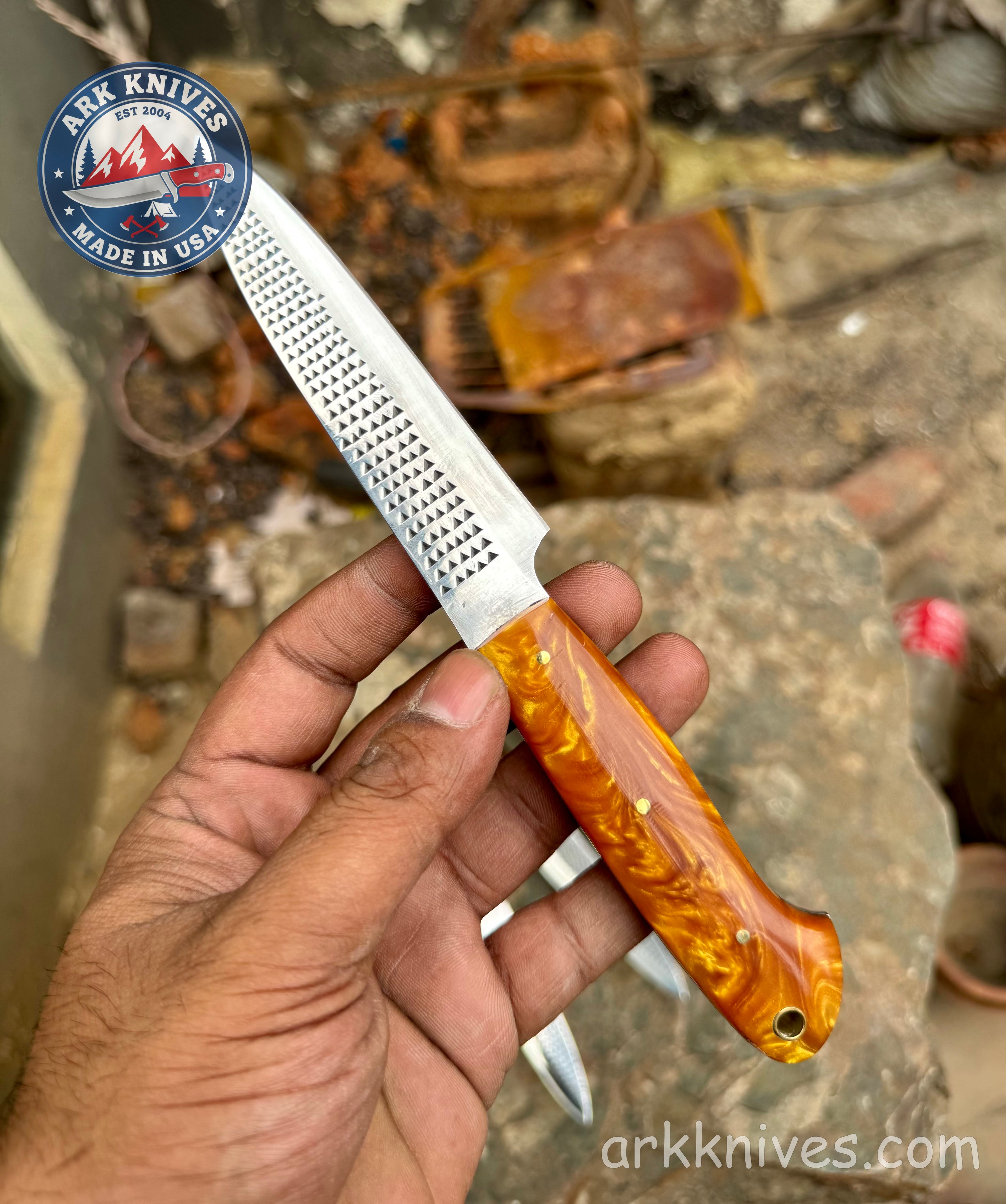 Handmade 8.5" Steak Knife, Custom Farrier File Knife with Vibrant Epoxy Resin Handle, Custom Cutlery, Unique BBQ Chef Gift